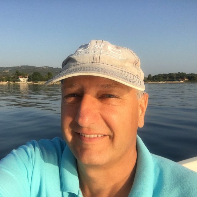 M. Scott Harris, Ph.D., P.G. on a boat off the coast of Greece