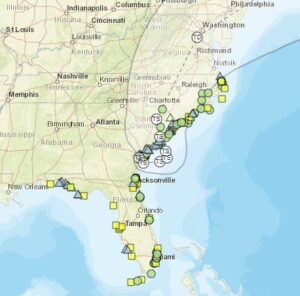 Screen grab of Tropical Storm Debby (2024) of data locations from SECOORA